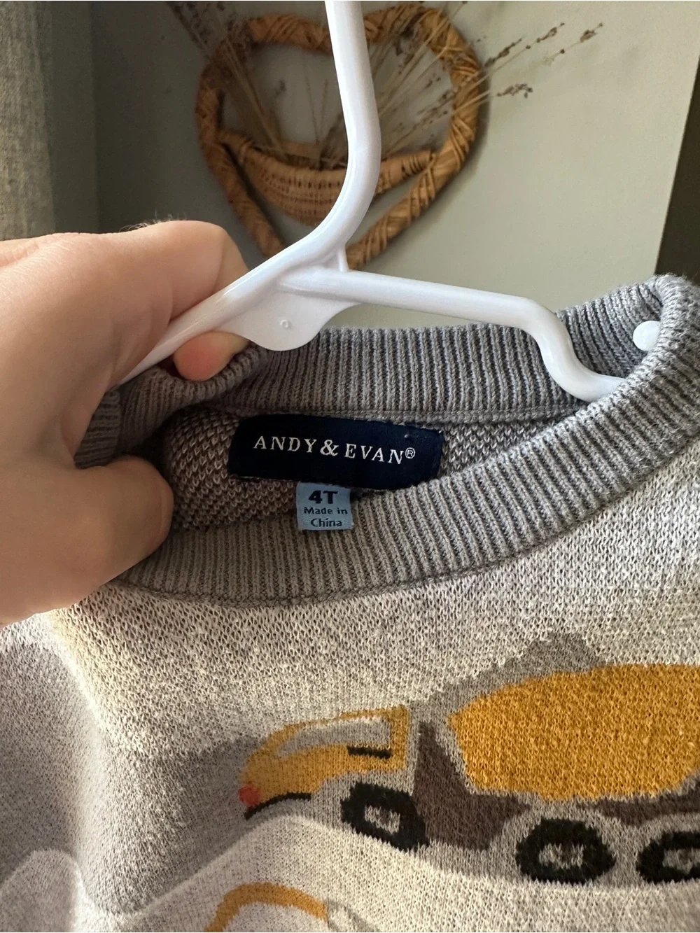 Andy & Evan Gray Sweater with Yellow Construction Vehicle Motifs
